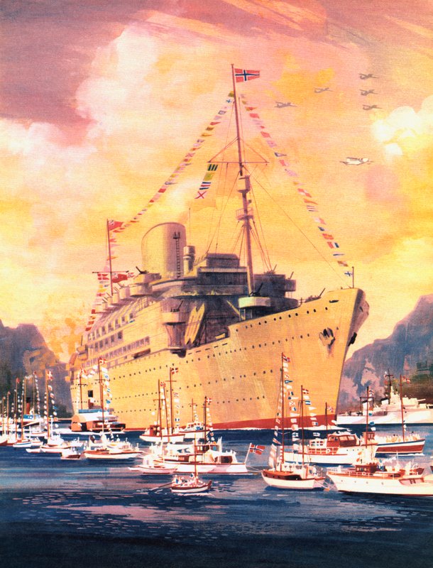 Un gran momento en la historia de la Royal Mail Line, el Andes llega a Oslo en 1945 (litografía en color) de English School
