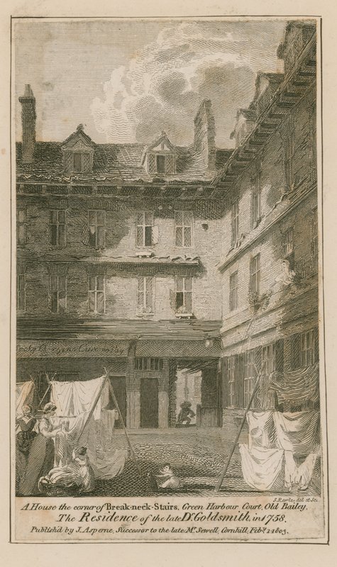 Una casa en la esquina de Breakneck Stairs, Green Harbour Court, Old Bailey, Londres de English School