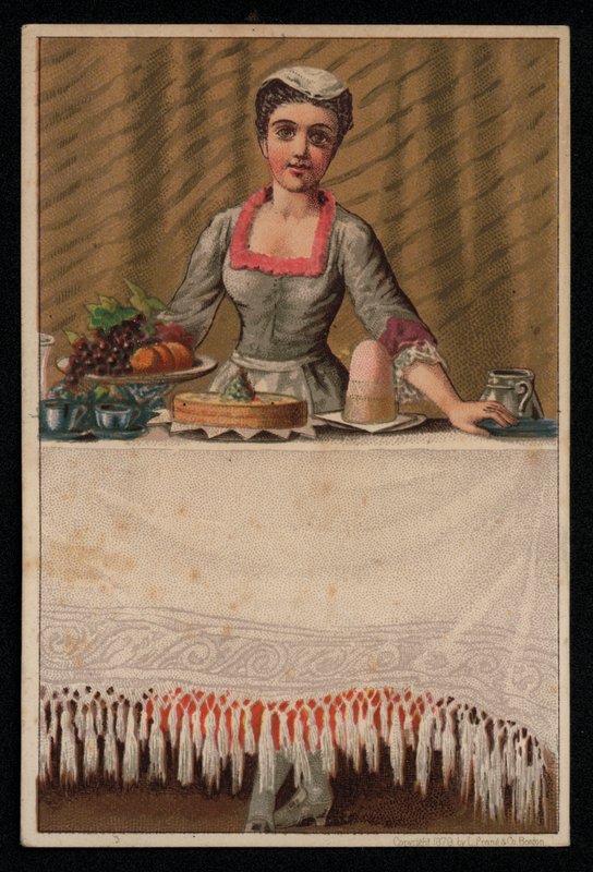 Una criada o sirvienta poniendo la mesa con comida, tarjeta de felicitación de English School