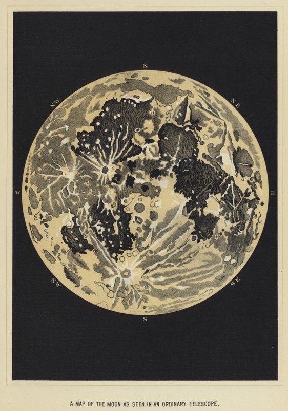 Un mapa de la luna visto en un telescopio ordinario de English School