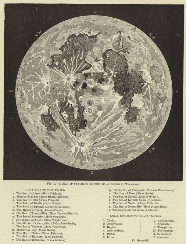 Un mapa de la luna visto en un telescopio ordinario de English School