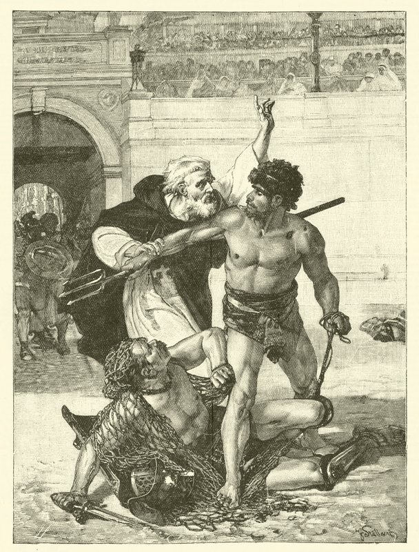 Un monje, Telémaco, intenta detener los juegos de gladiadores en el Coliseo, Roma (grabado) de English School