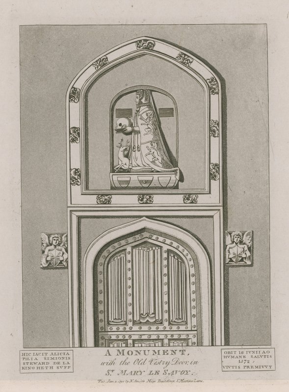 Un monumento con la antigua puerta de la sacristía en St Mary le Savoy de English School