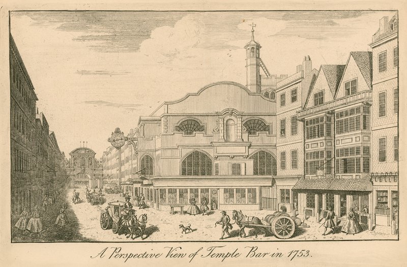 Vista en perspectiva de Temple Bar, Londres, en 1753 de English School