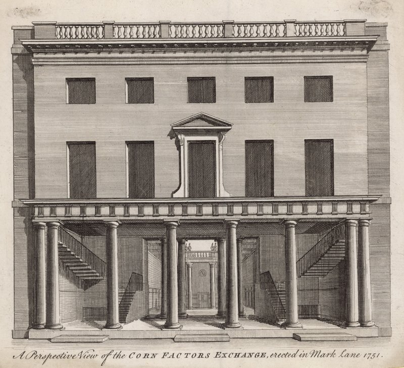 Vista en perspectiva de la Bolsa de Factores de Cereales, erigida en Mark Lane 1751 de English School