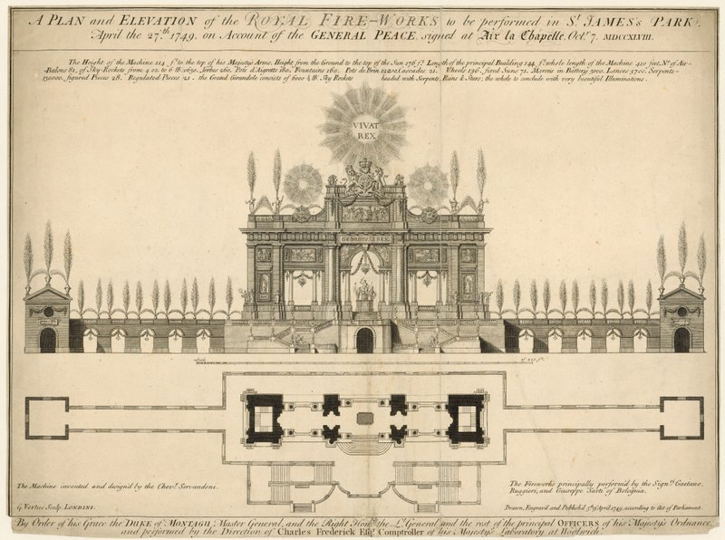 Un plan y elevación de los Fuegos Artificiales Reales a realizarse en el Parque de St James, 27 de abril de 1749 de English School