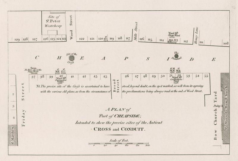 Un plan de Cheapside, Londres, destinado a mostrar los sitios precisos de la antigua Cruz y Conduit de English School