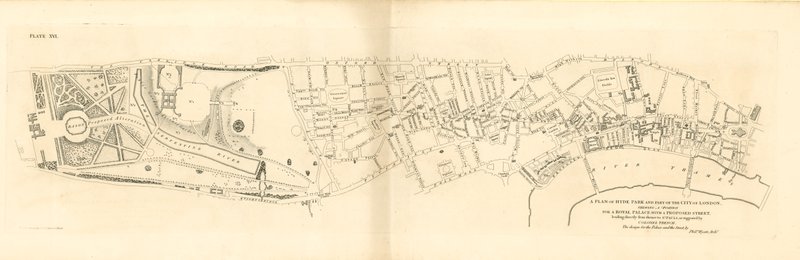 Un plan de Hyde Park y parte de la Ciudad de Londres, mostrando una posición para un Palacio Real de English School