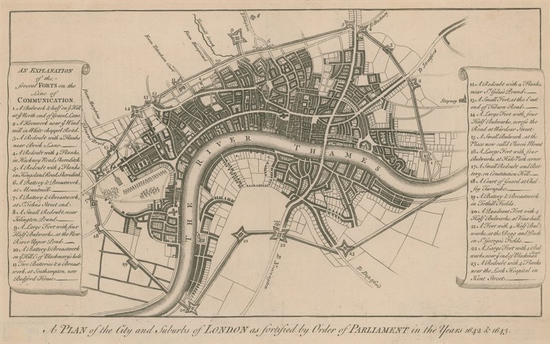 Un plan de la ciudad y suburbios de Londres fortificados por orden del Parlamento en los años 1642 y 1643 de English School