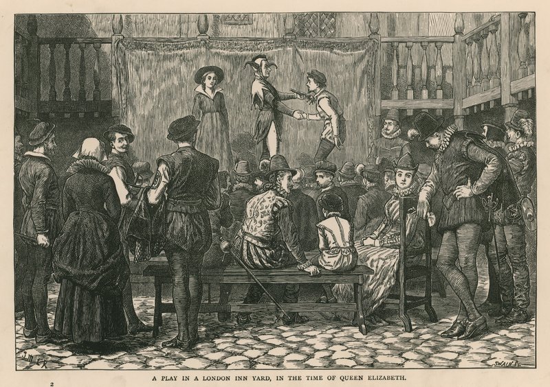 Una obra en un patio de una posada de Londres en la época de la Reina Isabel de English School
