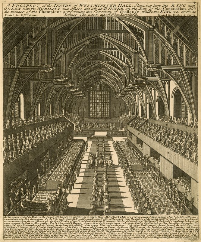 Una perspectiva del interior del Salón de Westminster mostrando cómo el Rey y la Reina, con la nobleza y otros, se sentaron a cenar el día de la Coronación de English School