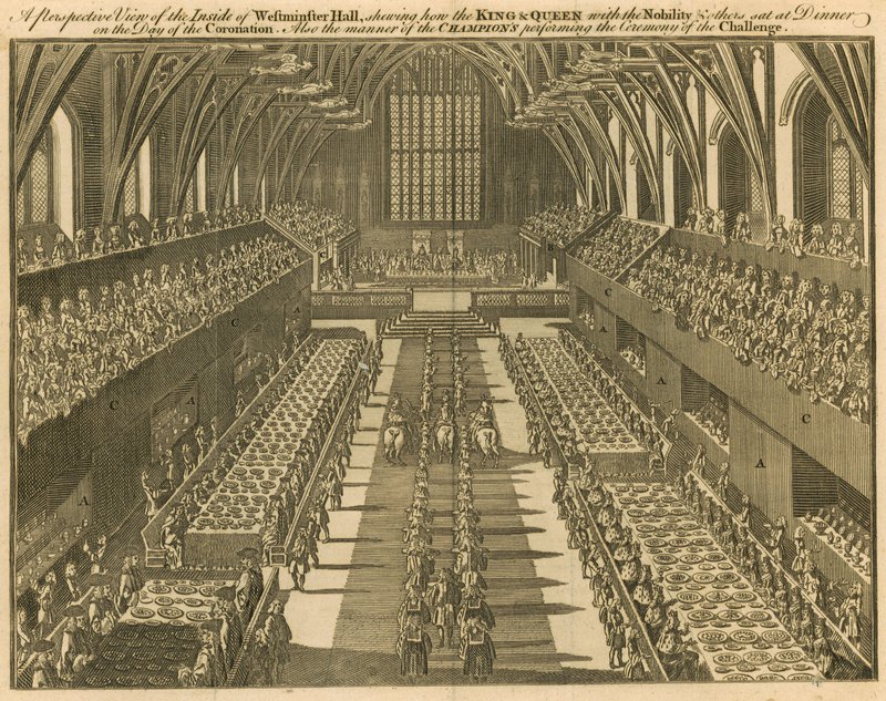 Una perspectiva del interior del Salón de Westminster mostrando cómo el Rey y la Reina, con la nobleza y otros, se sentaron a cenar el día de la Coronación de English School