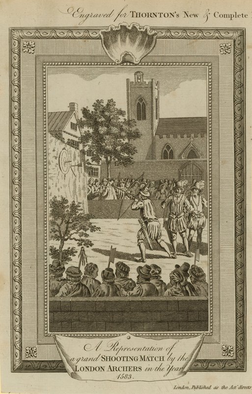 Una representación de un gran concurso de tiro por los arqueros de Londres en el año 1583 de English School