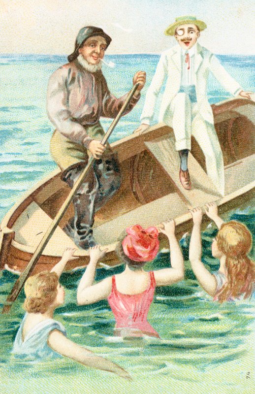Un marinero remando un bote mientras bañistas tiran del lado del bote de English School