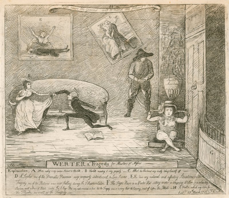 Una escena de la parodia Werter de F. Reynolds, estrenada en el Teatro Covent Garden, Londres, el 14 de marzo de 1786 de English School