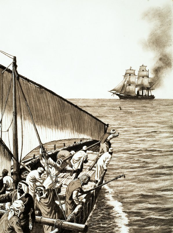 Un barco de vapor en el horizonte, un dhow árabe en primer plano de English School