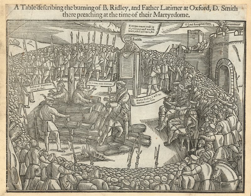 Una tabla que describe la quema del Obispo Ridley y el Padre Latimer en Oxford de English School