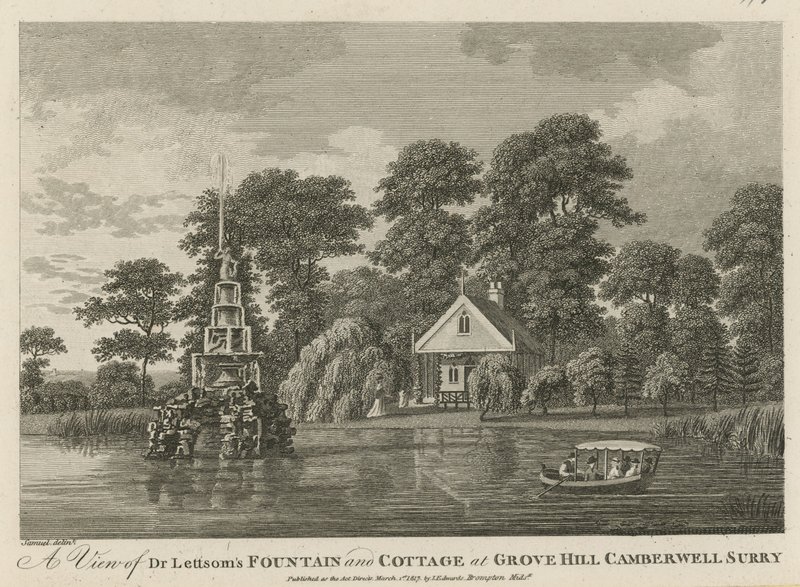 Vista de las fuentes y la cabaña del Dr. Lettsom de English School