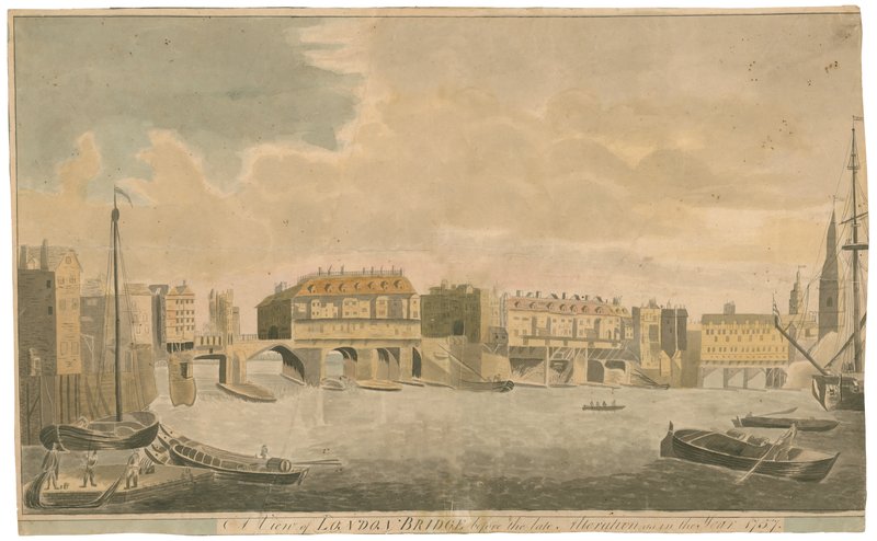 Una vista del antiguo Puente de Londres antes de las alteraciones, como en 1757 de English School