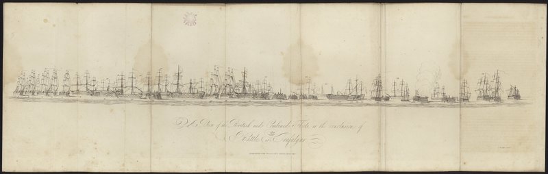 Vista de las flotas británica y combinada al final de la Batalla de Trafalgar de English School