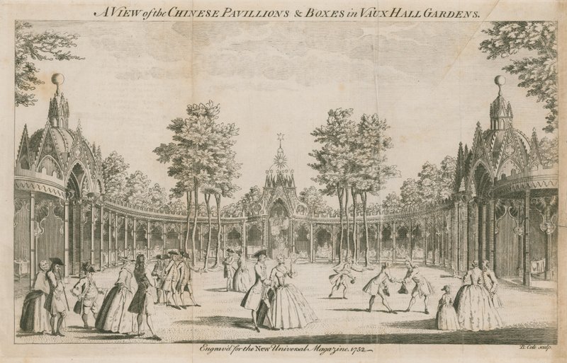 Vista de los Pabellones Chinos y las cajas en los Jardines de Vauxhall, Londres de English School