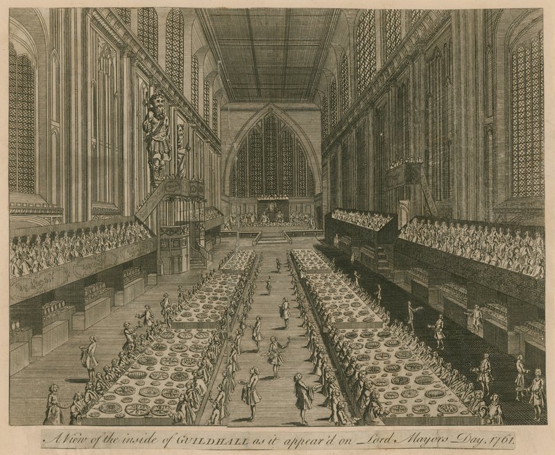 Una vista de Guildhall, Londres, como apareció en el Día del Alcalde, 1761 de English School