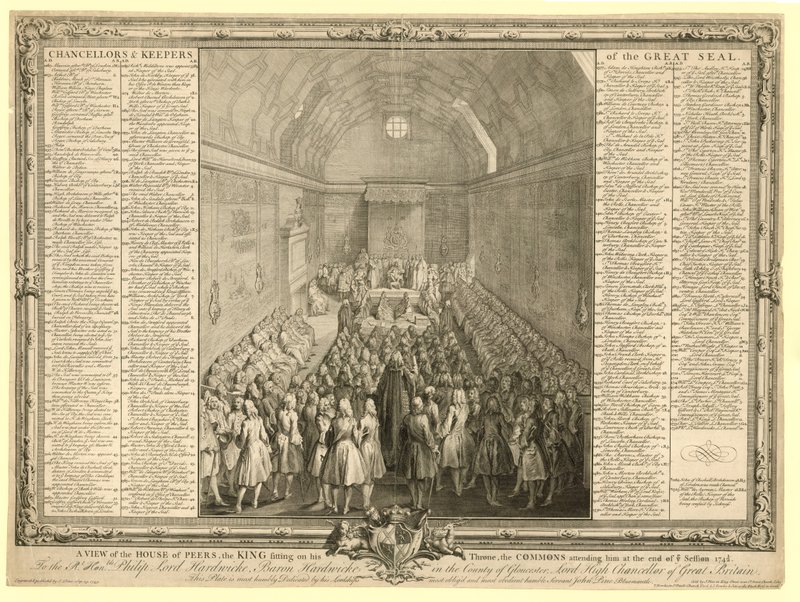 Vista de la Cámara de los Lores, el rey sentado en su trono, los Comunes atendiéndolo al final de la sesión 17412 de English School