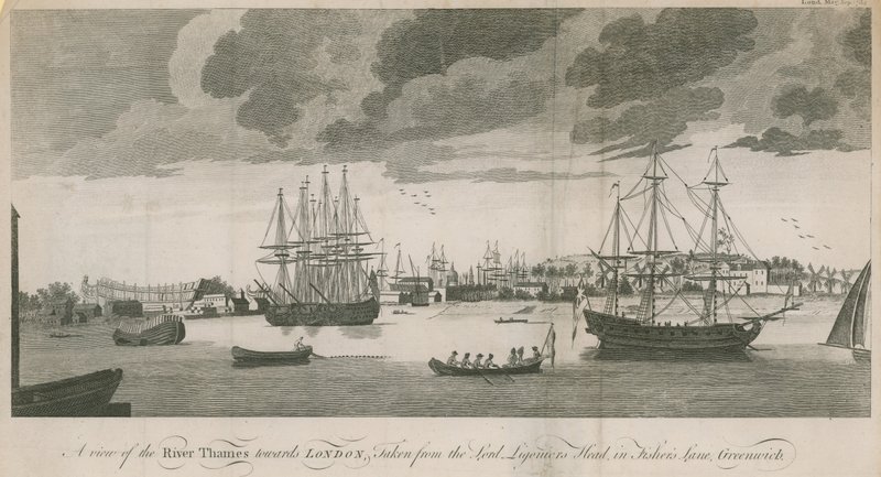 Vista del río Támesis hacia Londres, tomada desde la cabeza de Lord Ligonier en Fishers Lane, Greenwich de English School