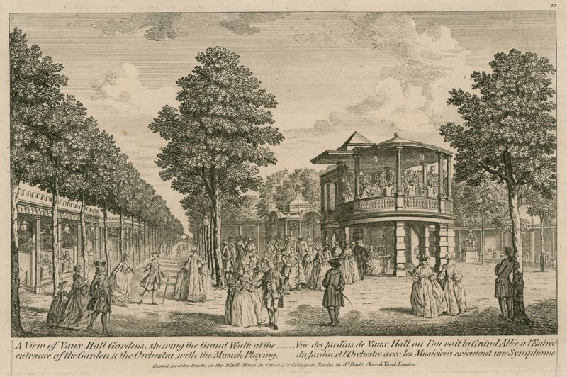 Vista de los Jardines de Vauxhall, Londres, mostrando el gran paseo en la entrada del Jardín y la Orquesta con la música tocando de English School