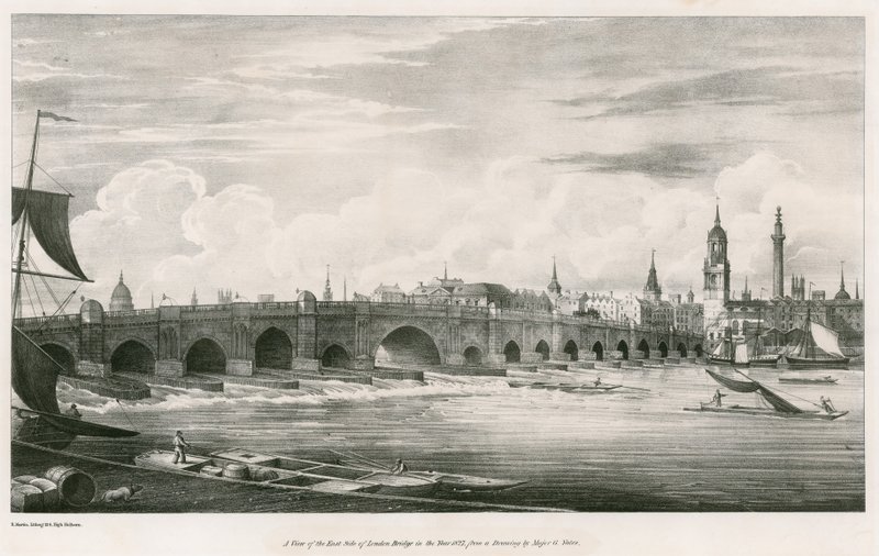 Vista del lado este del Puente de Londres en el año 1827 de English School