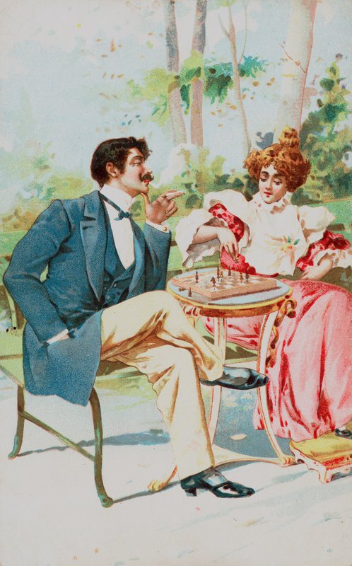 Una pareja bien vestida jugando al ajedrez en un jardín de English School