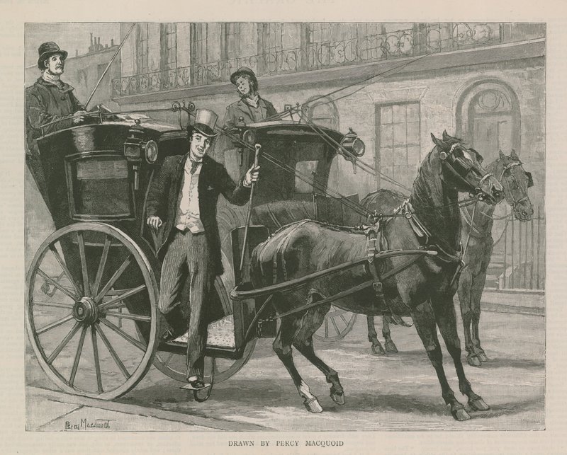 Un hombre bien vestido bajando de un carruaje tirado por caballos de English School