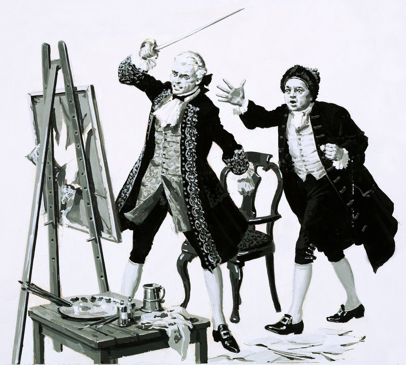 Un joven cortó con una espada un retrato desfavorable de su padre por Hogarth de English School