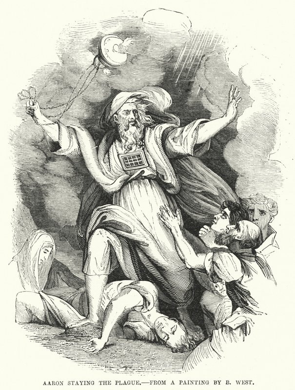 Aarón deteniendo la plaga, de una pintura de B West (grabado) de English School