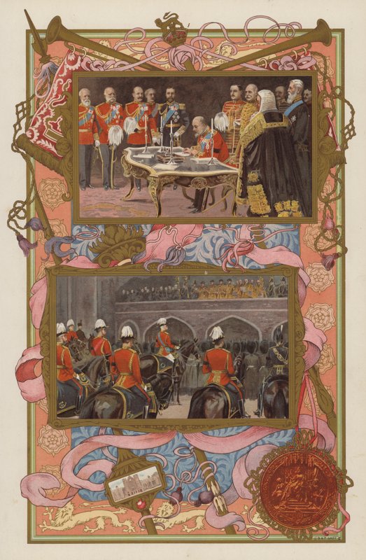 Accesión del Rey Eduardo VII: firmando la proclamación; la proclamación siendo hecha de English School