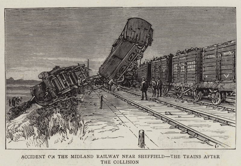 Accidente en el ferrocarril Midland cerca de Sheffield, los trenes después de la colisión de English School