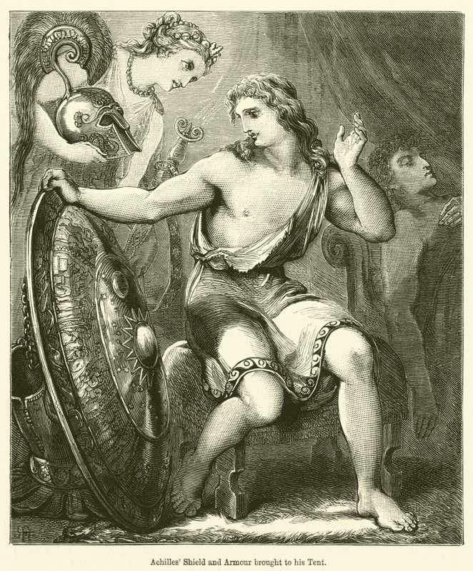 Escudo y armadura de Aquiles llevados a su tienda (grabado) de English School
