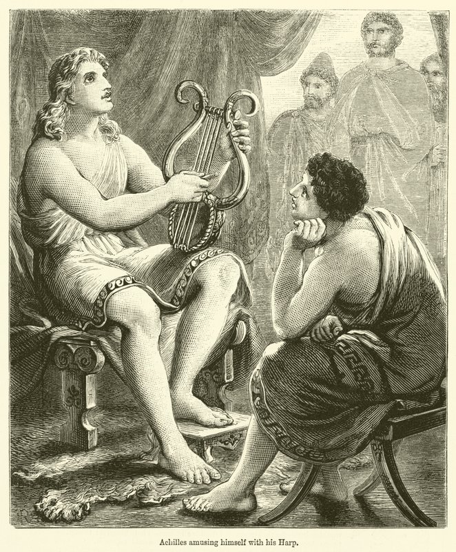 Aquiles divirtiéndose con su arpa (grabado) de English School