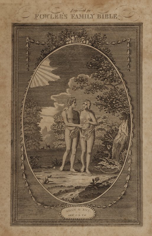 Adán y Eva, Génesis, capítulo 3, versículo 6 (grabado) de English School