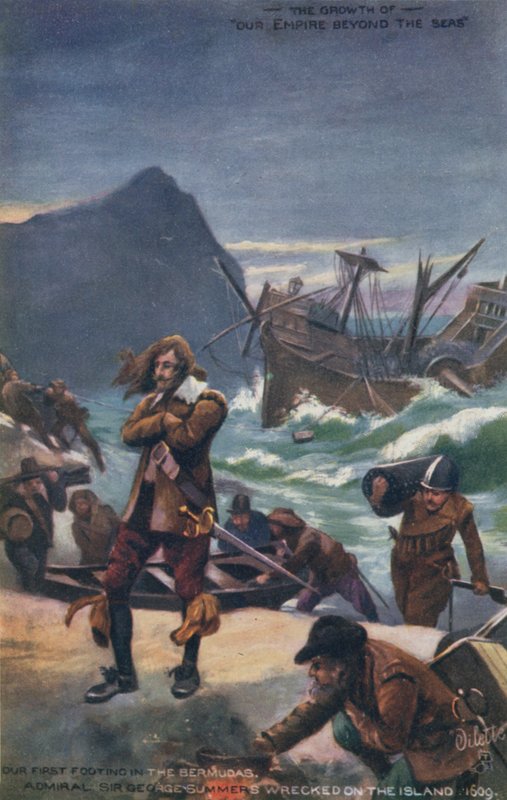 El naufragio del almirante Sir George Summers en Bermudas, 1609 de English School