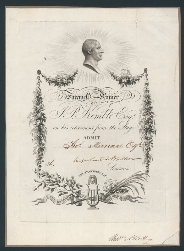 Boleto de admisión para la cena de despedida de John Kemble del escenario, 1819 de English School
