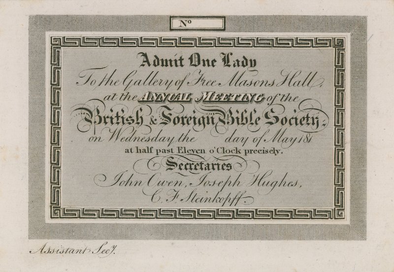 Entrada para la Sociedad Bíblica Extranjera Anual en el Salón de los Masones de English School