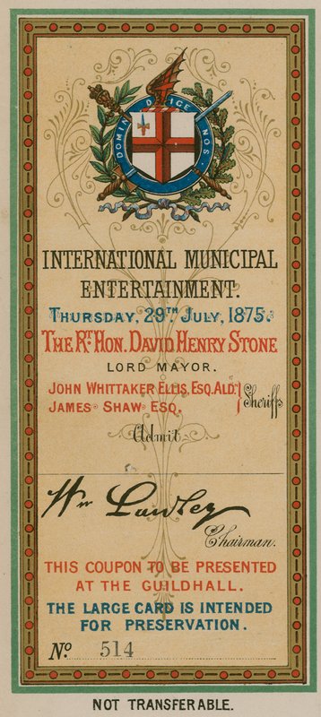Entrada a Entretenimiento Municipal Internacional en el Guildhall, Londres, el 29 de julio de 1875 de English School