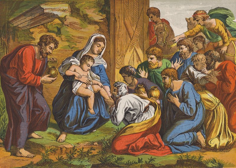 Adoración de los Reyes Magos (litografía en color) de English School
