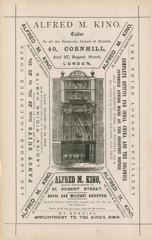 Anuncio de Alfred M Kino, sastre, 40 Cornhill y 87 Regent Street, Londres de English School