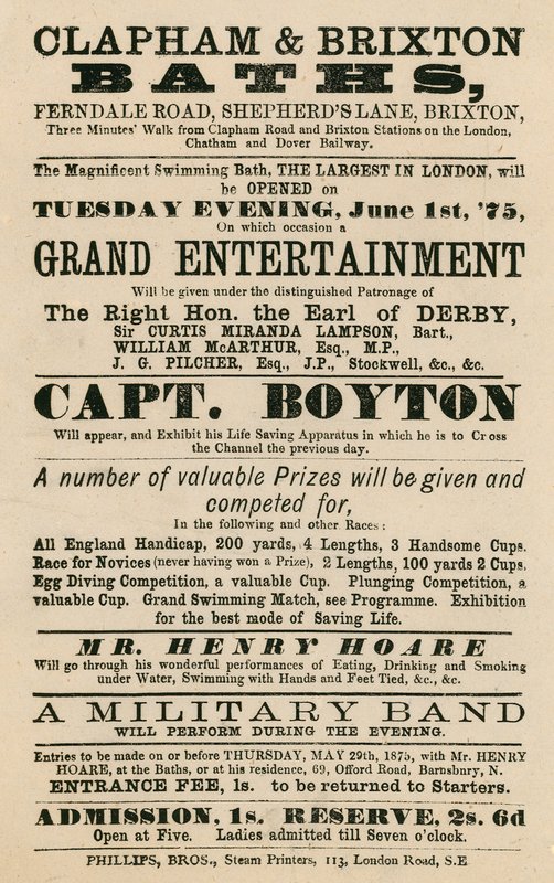 Anuncio para los baños de Clapham y Brixton, Ferndale Road, Shepherds Lane, Brixton, Londres; con el Capitán Boyton de English School