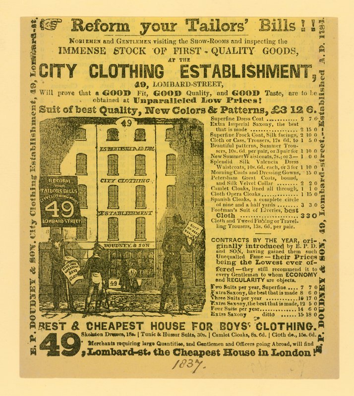Anuncio de Doudney & Son, Establecimiento de Ropa de la Ciudad, 49 Lombard Street, Londres de English School