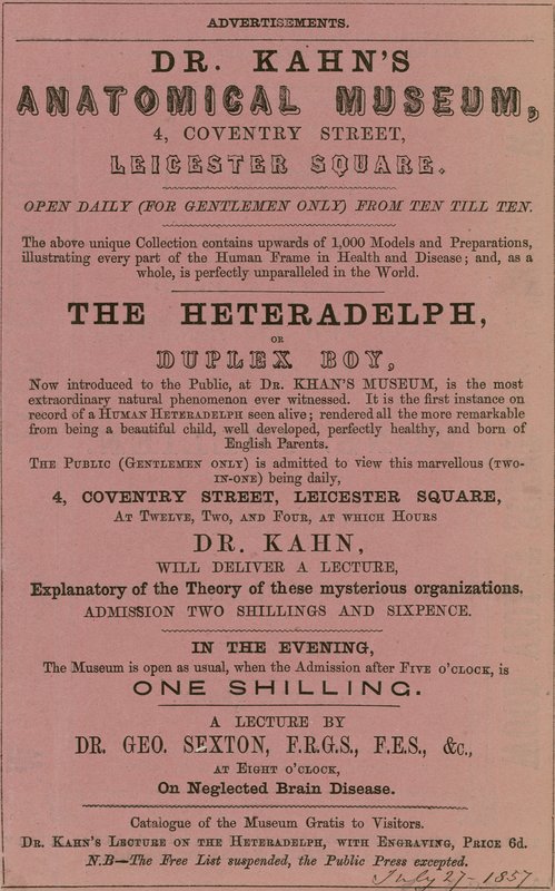 Anuncio del Museo Anatómico del Dr. Kahn de English School