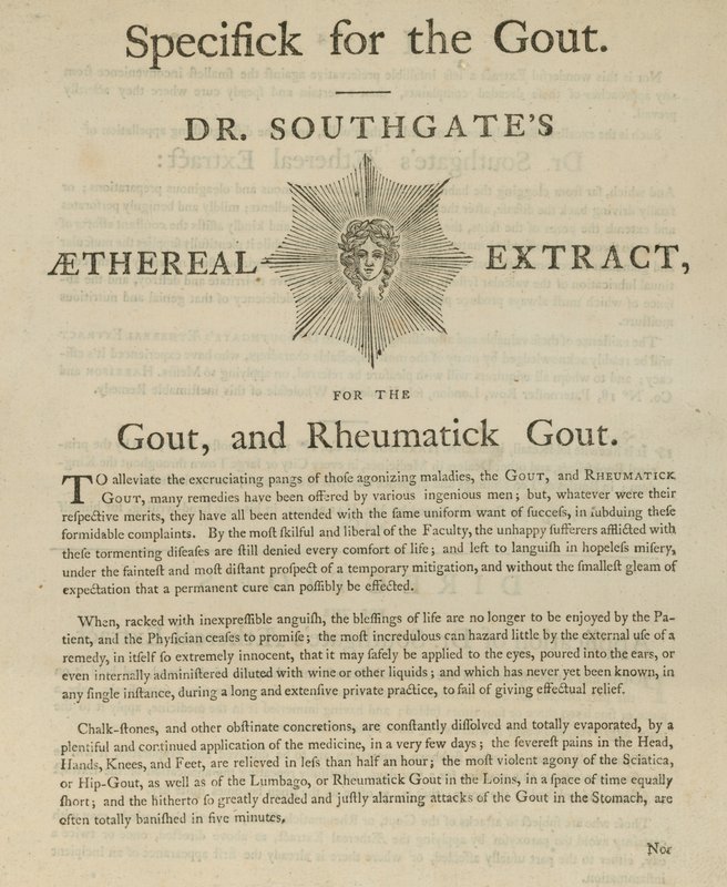 Anuncio del extracto etéreo del Dr. Southgate para la gota y la gota reumática de English School