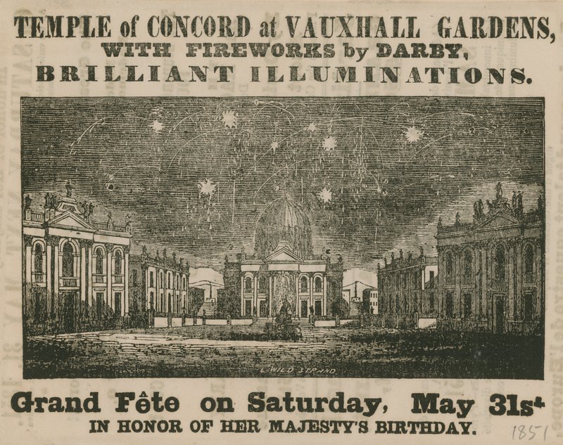 Anuncio de Gran Fiesta en el Templo de la Concordia, Vauxhall Gardens de English School